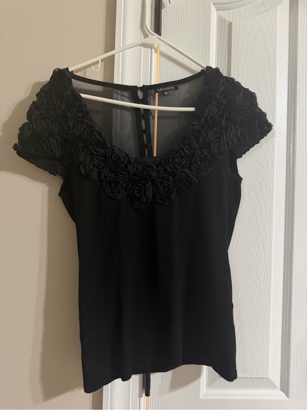 Leo Guy Black Scoop Neck Top with Rosette Trim